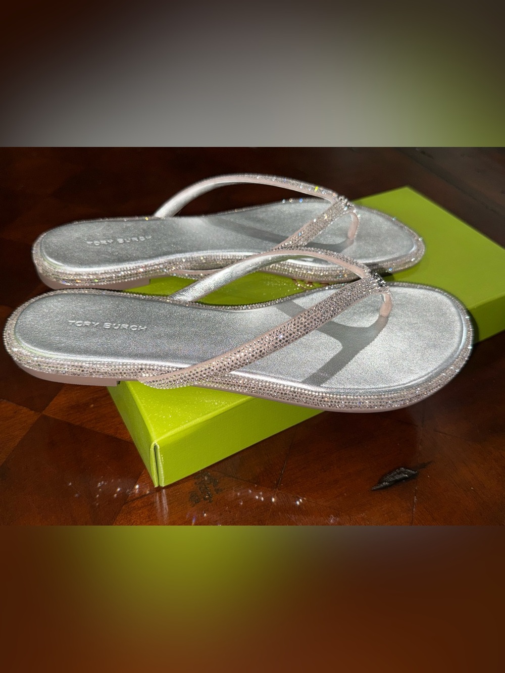 Tory Burch - Silver Chelsea Crystal Pave Leather Flip Flop Size 9